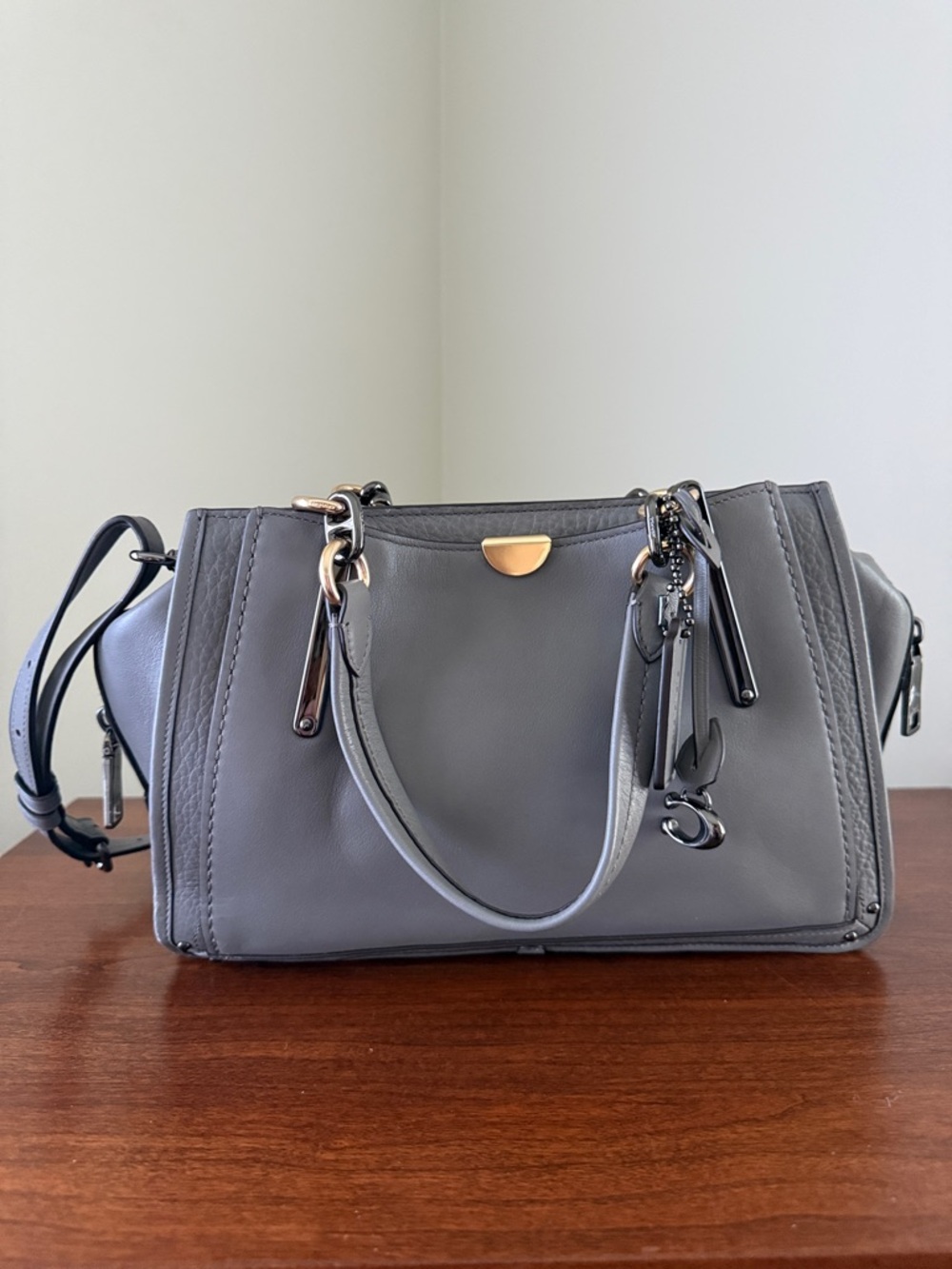 Coach Gray Leather Satchel with Gold-Tone Hardware